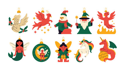Festive Ornaments: A charming array of whimsical ornaments, each a unique design. Including mermaid, unicorn, fairy, santa claus, wizard and phoenix.