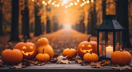 Jackolanterns and a lantern on a wooden table in an autumn forest
