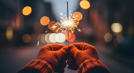 Sparkler held by hands in gloves against blurred city lights at night