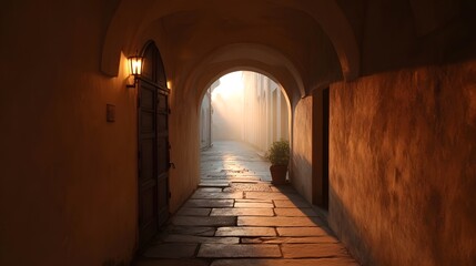 Naklejka premium Narrow sunlit alleyway with arched architecture and stone pavement bathed in golden hour rays filtering through mist
