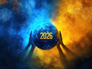 Hands supporting a glowing globe with the number "2026" in the center on a blue-yellow background