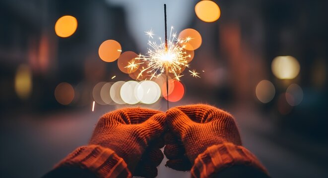 Sparkler held by hands in gloves against blurred city lights at night - Powered by Adobe