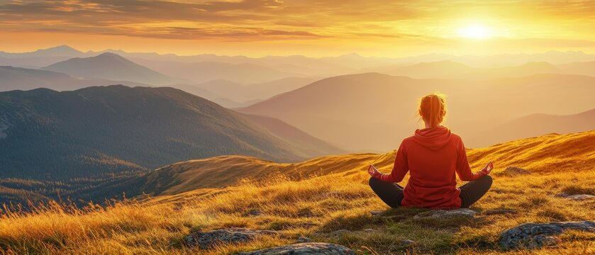 A woman in red meditates cross-legged on a grassy hilltop at sunset, facing a mountain range. AI.