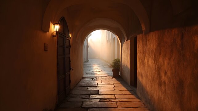Narrow sunlit alleyway with arched architecture and stone pavement bathed in golden hour rays filtering through mist - Powered by Adobe