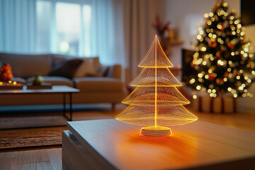 Glowing tabletop Christmas tree in style of 3D hologram on coffee table in living room. Concept of AI application in modern World