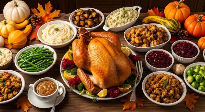 A thanksgiving feast featuring a roasted turkey and an assortment of side dishes - Powered by Adobe
