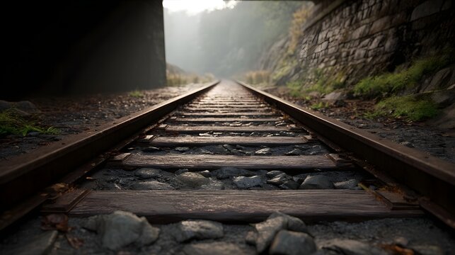 A dramatic low angle view of weathered railway tracks disappearing into a misty tunnel at dawn emphasizing perspective and leading lines into the