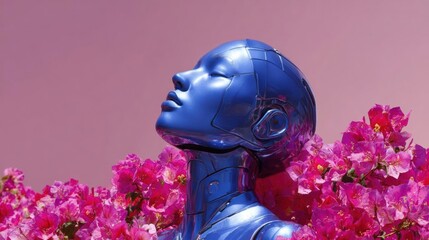 Close-up of a blue robot head with its eyes closed, surrounded by pink flowers.