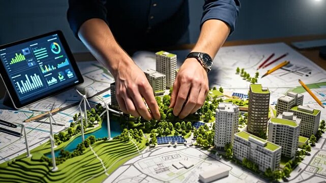 Architect's hands designing sustainable city plan, envisioning future eco-friendly urban growth