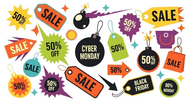 Colorful sale tags and labels for black friday and cyber monday isolated on white background
