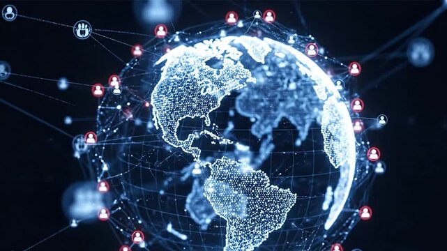 Global network of interconnected people with glowing icons representing connections and networking.