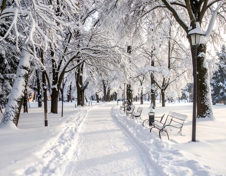 Snow-covered path lined with trees and benches in a winter park - Powered by Adobe