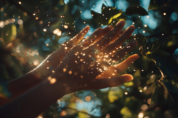 Sunlight filtering through the leaves as hands touch the rough bark