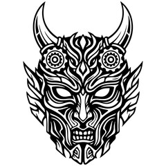 Tribal Demon Mask with Horns – Intricate Black and White Line Art Illustration