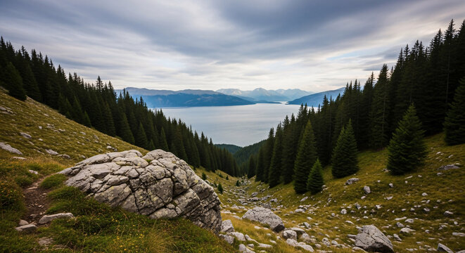 Mountain valley landscape with evergreen trees and lake under cloudy sky
