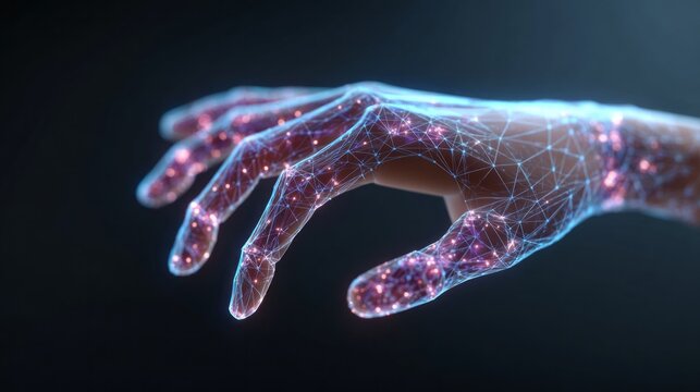 A hand with a blue and red glow. The hand is made of a network of lines and dots