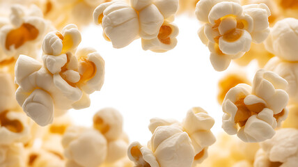 Close-up of popcorn kernels arranged in a circular pattern against a bright background