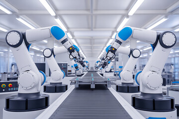 High Tech Robotic Assembly Line in Modern Industrial Manufacturing Facility