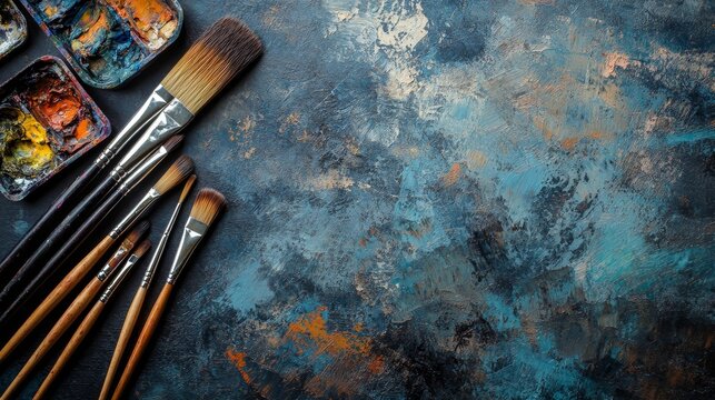 Various paintbrushes and a colorful palette lying on a vibrant blue and orange textured canvas background, with ample copy space for design