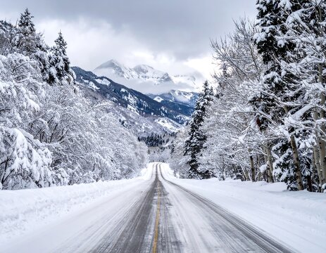 Snow-covered road through a forest with distant, snow-capped mountains