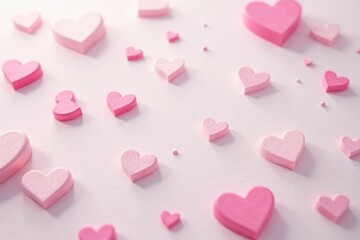 Obraz premium Pastel pink hearts scattered on white, soft focus, pastel, element