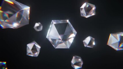 Brilliant, faceted hexagonal crystals and gemstones floating against a dark, minimalist background. - Powered by Adobe