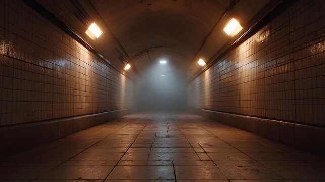 An atmospheric underground tunnel stretches forward with dim lighting fog and a strong sense of perspective and depth