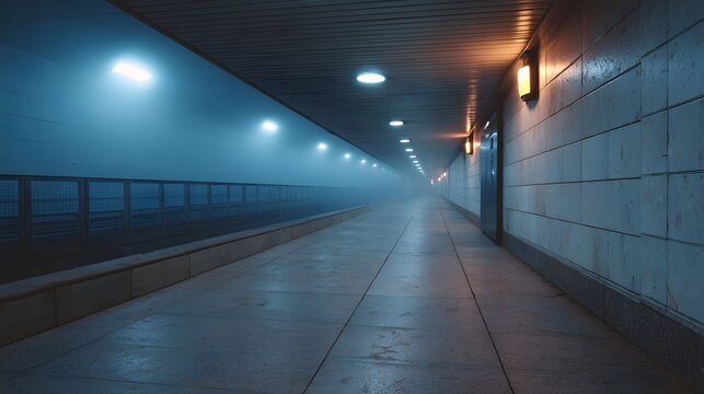 An atmospheric empty underground passage with dim lighting and heavy mist extending into the distance