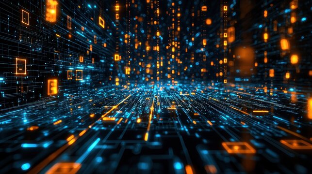 Abstract digital landscape with glowing blue and orange data flowing