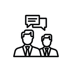 Two outline figures in suits with speech bubbles above suggestive of a discussion