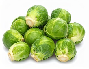 Fototapeta premium Close-up of fresh green Brussels sprouts on a white background, ideal for healthy eating and organic food themes.