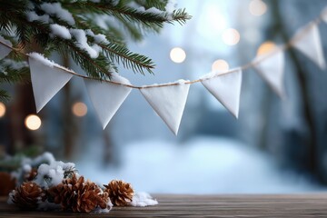 Snowy winter scene with pine cones and string lights in forest