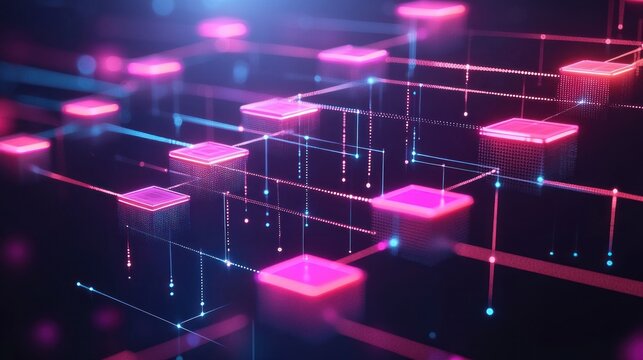Abstract network of floating squares and lines, magenta and blue neon glow