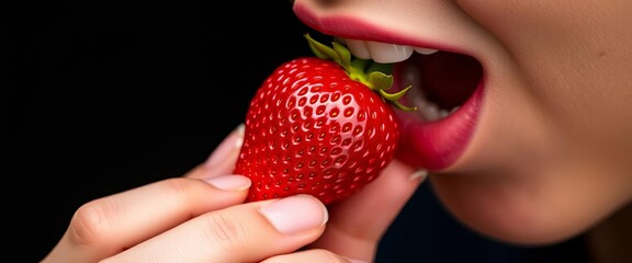 Close-up of a hand delicately holding and consuming a ripe strawberry,   healthy lifestyle,  nutrition