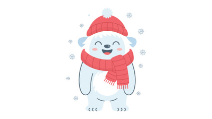 Wintertime Yeti: A cute cartoon yeti radiates warmth and joy in a knitted winter cap and scarf, playfully interacting with falling snowflakes. 