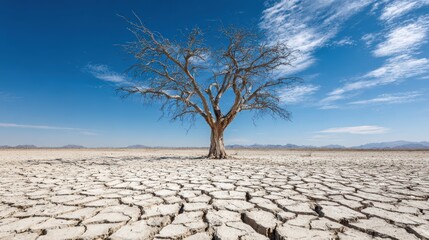 Dry cracked land with dead tree and sky in background a concept of global warming, environment, save, protect, earth, global warming, reduce, planet, growth, nature, ecosystem