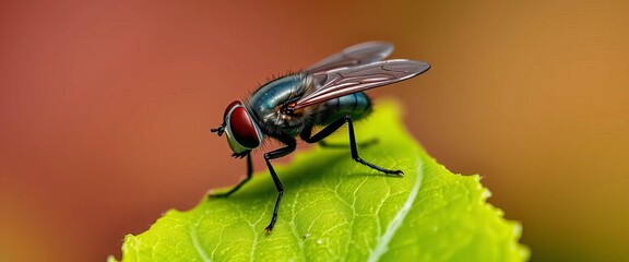 Close-up of a fly perched on a vibrant green leaf,  blossom,  pest
