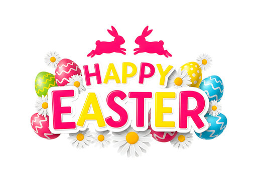 Colorful happy easter decoration with eggs and bunnies isolated on transparent background