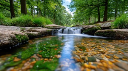 Fototapeta premium Lush Green Forest Stream With Cascading Water Over Smooth Stones And Mossy Rocks On A Sunny Day With Blue Sky Reflected In The Water