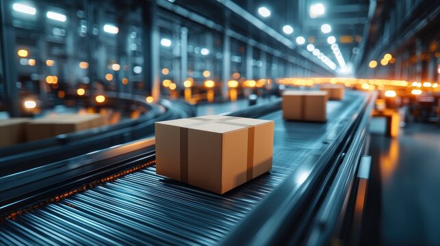 Boxes on a moving conveyor belt in a large, modern factory