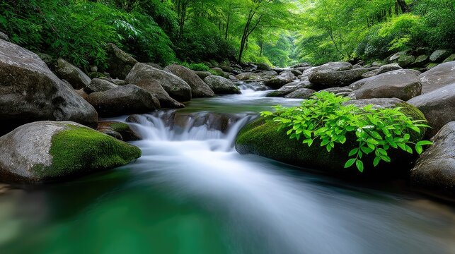 Lush Green Forest Waterfall with Flowing Water Over Moss Covered Rocks and Emerald Pool in Natural Sunlight