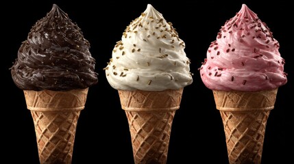 set of Chocolate, vanilla and strawberry splash of Ice cream cone flavor with clipping path, 3d, dessert, sweet, food, ice cream, delicious, gen by AI