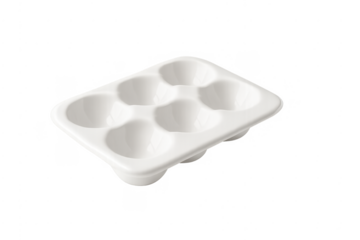 Empty white ceramic egg tray holding six eggs