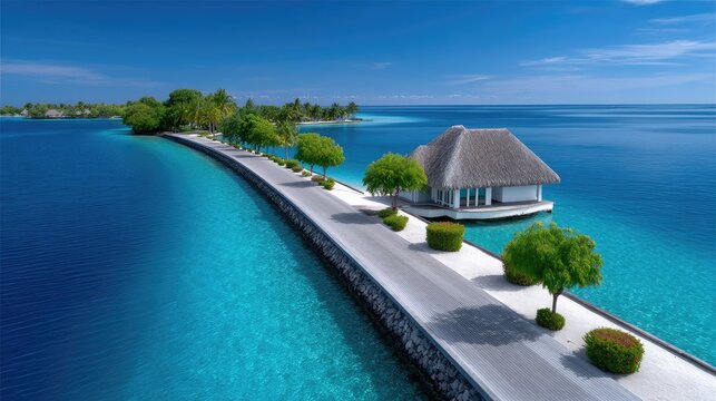 Luxury Overwater Villa Resort with Lush Green Island in Deep Blue Ocean on a Sunny Day