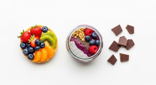 Colorful flat lay featuring a fresh fruit tart, a vibrant berry chia pudding, and rich dark chocolate pieces. Perfect for a healthy breakfast or a delightful dessert selection