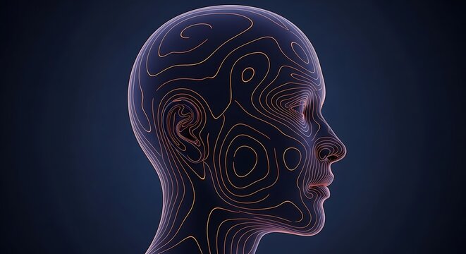 3d rendered illustration of a human head outlined with topographic contour lines against a dark blue background