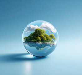 Miniature Island Ecosystem Encapsulated in a Clear Glass Sphere, Environmental Concept.