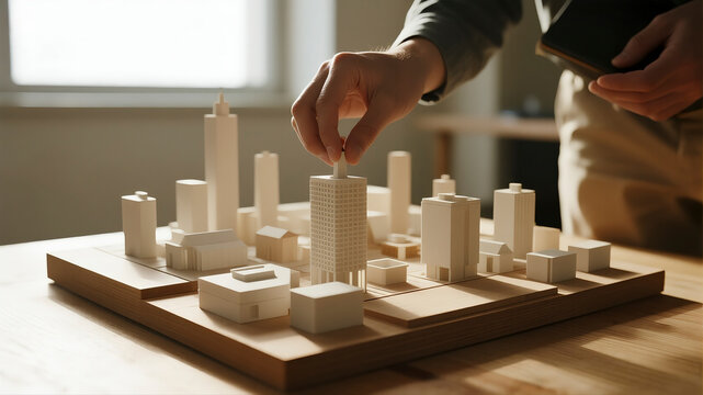 A faceless architect's hands carefully placing a final building model onto a large, detailed modern city maquette