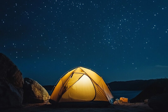 tent pitched among towering sandstone cliffs under deep blue starlit sky - Powered by Adobe
