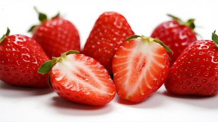 A technically perfect, sharp studio shot of juicy whole and half-cut strawberries, isolated on a pure white background with a clipping path